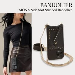 Bandolier Unisex Blended Fabrics Studded Chain Plain Leather For Women Black/gold X 12 Mini
